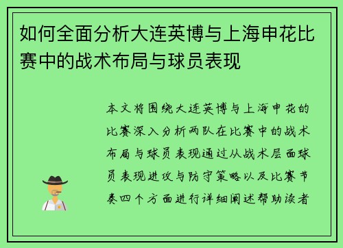 如何全面分析大连英博与上海申花比赛中的战术布局与球员表现