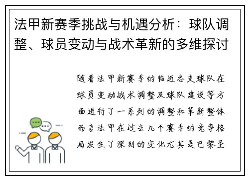 法甲新赛季挑战与机遇分析：球队调整、球员变动与战术革新的多维探讨