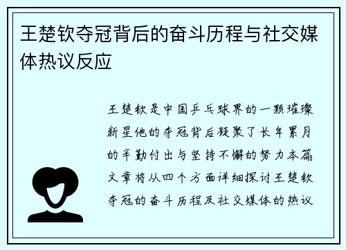 王楚钦夺冠背后的奋斗历程与社交媒体热议反应
